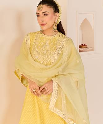 Lemon yellow embroidered chanderi silk choga kurti set 2