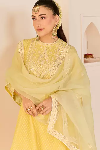 Lemon yellow embroidered chanderi silk choga kurti set