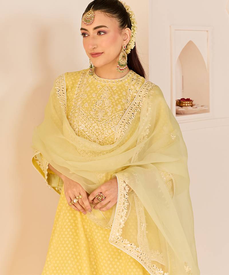 Lemon yellow embroidered chanderi silk choga kurti set