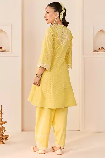 Lemon yellow embroidered chanderi silk choga kurti set