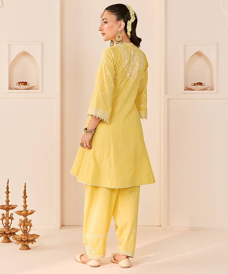Lemon yellow embroidered chanderi silk choga kurti set