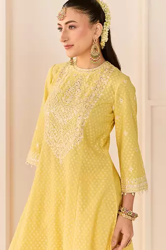 Lemon yellow embroidered chanderi silk choga kurti set