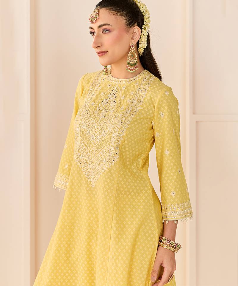 Lemon yellow embroidered chanderi silk choga kurti set