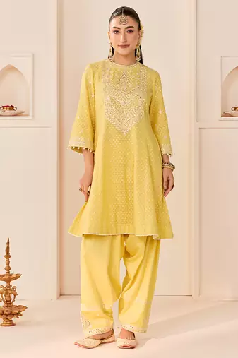Lemon yellow embroidered chanderi silk choga kurti set