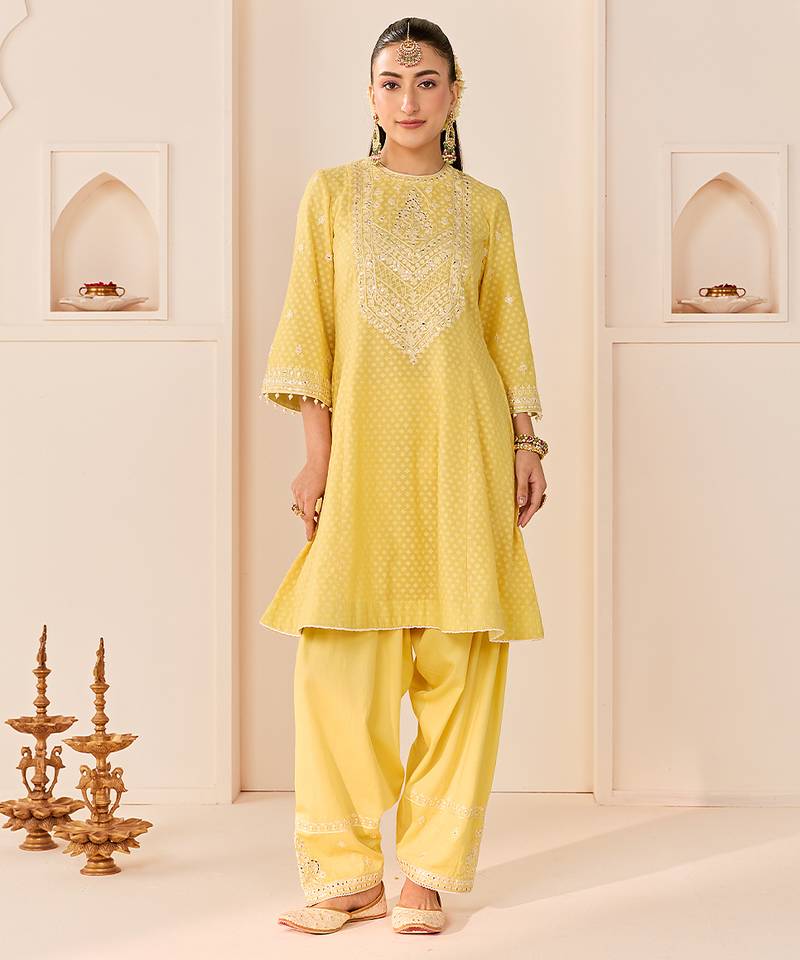 Lemon yellow embroidered chanderi silk choga kurti set