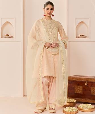 Carnation pink embroidered chanderi silk choga kurti set 1