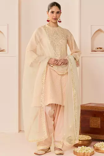 Carnation pink embroidered chanderi silk choga kurti set