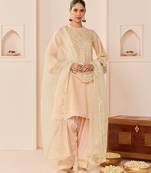 Carnation pink embroidered chanderi silk choga kurti set
