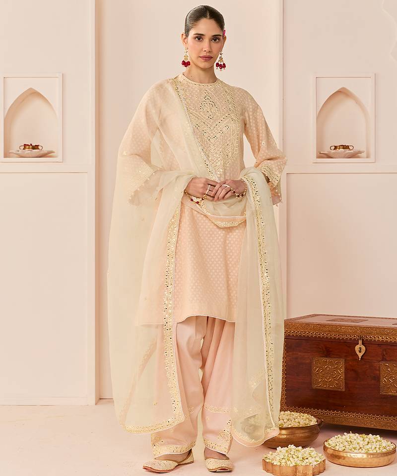 Carnation pink embroidered chanderi silk choga kurti set