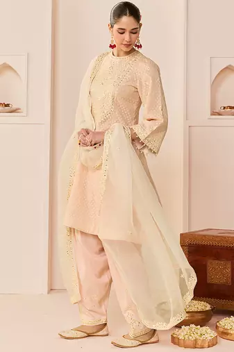 Carnation pink embroidered chanderi silk choga kurti set