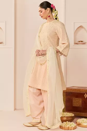 Carnation pink embroidered chanderi silk choga kurti set