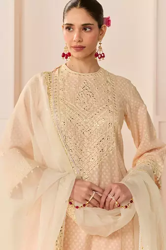 Carnation pink embroidered chanderi silk choga kurti set