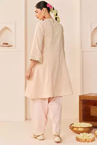 Carnation pink embroidered chanderi silk choga kurti set