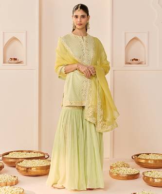 Mint green embroidered chanderi silk short kurti gharara set 1