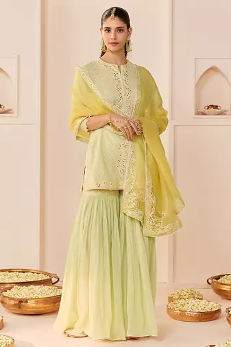 Mint green embroidered chanderi silk short kurti gharara set