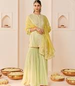 Mint green embroidered chanderi silk short kurti gharara set