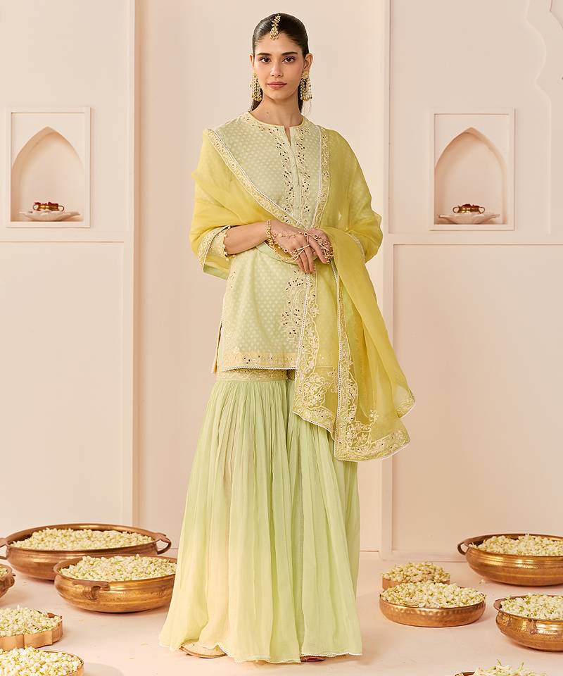 Mint green embroidered chanderi silk short kurti gharara set