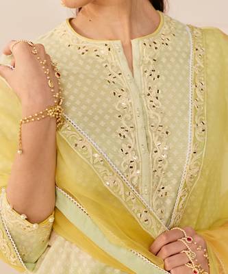 Mint green embroidered chanderi silk short kurti gharara set 2