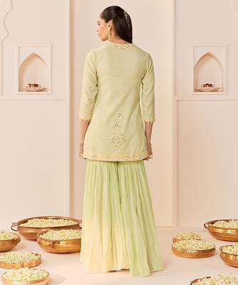 Mint green embroidered chanderi silk short kurti gharara set 3