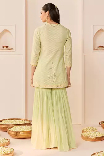 Mint green embroidered chanderi silk short kurti gharara set