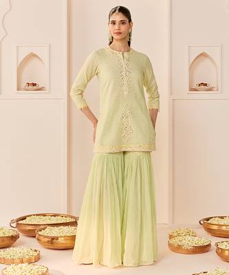 Mint green embroidered chanderi silk short kurti gharara set 4