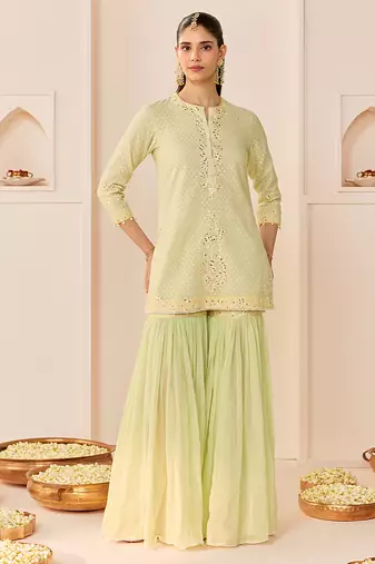 Mint green embroidered chanderi silk short kurti gharara set