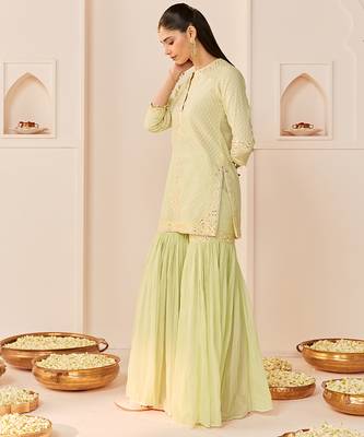 Mint green embroidered chanderi silk short kurti gharara set 5