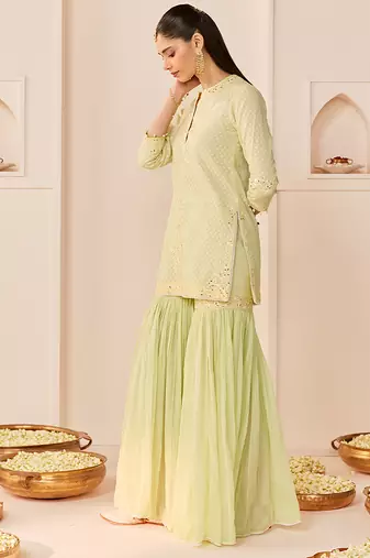 Mint green embroidered chanderi silk short kurti gharara set