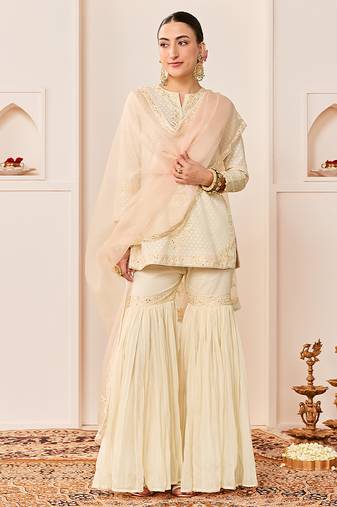 Daisy ivory embroidered chanderi silk short kurti gharara set