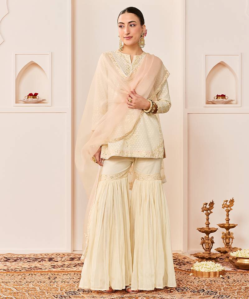 Daisy ivory embroidered chanderi silk short kurti gharara set