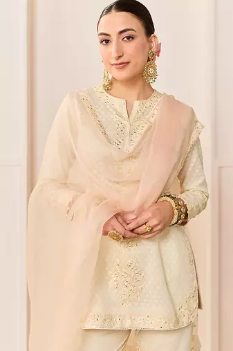Daisy ivory embroidered chanderi silk short kurti gharara set