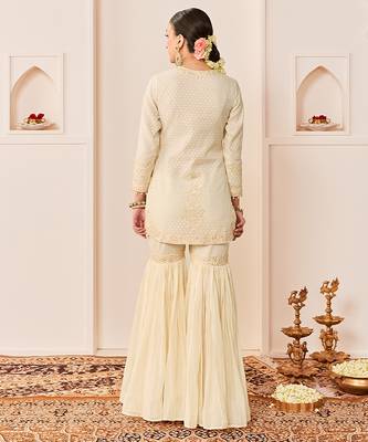 Daisy ivory embroidered chanderi silk short kurti gharara set 3