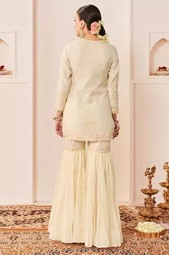 Daisy ivory embroidered chanderi silk short kurti gharara set