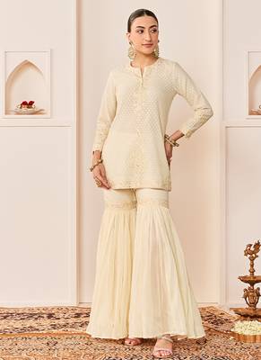 Daisy ivory embroidered chanderi silk short kurti gharara set 4