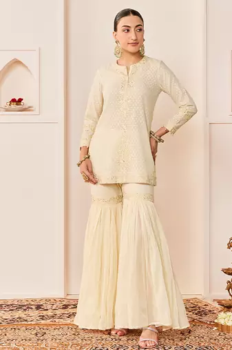 Daisy ivory embroidered chanderi silk short kurti gharara set