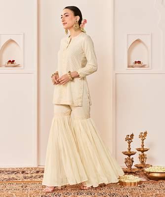 Daisy ivory embroidered chanderi silk short kurti gharara set 5