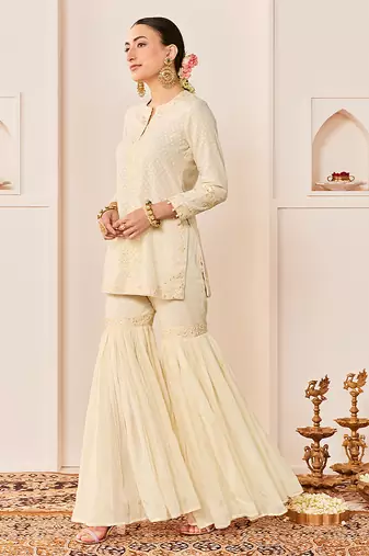 Daisy ivory embroidered chanderi silk short kurti gharara set