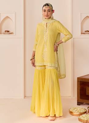 Lemon yellow embroidered chanderi silk short kurti gharara set 1