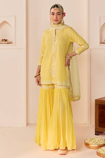 Lemon yellow embroidered chanderi silk short kurti gharara set