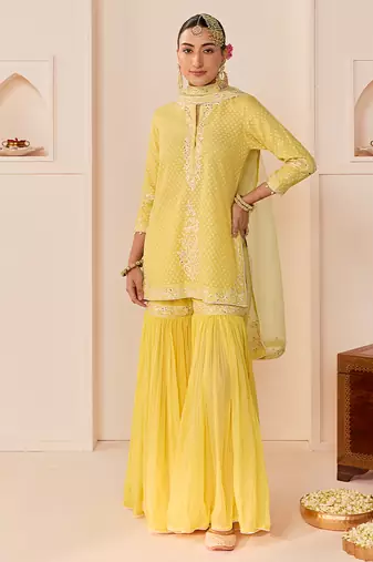 Lemon yellow embroidered chanderi silk short kurti gharara set