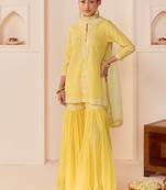 Lemon yellow embroidered chanderi silk short kurti gharara set