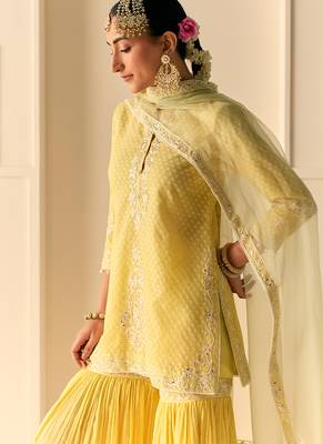 Lemon yellow embroidered chanderi silk short kurti gharara set 2