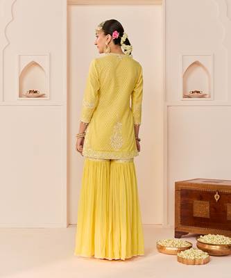Lemon yellow embroidered chanderi silk short kurti gharara set 3