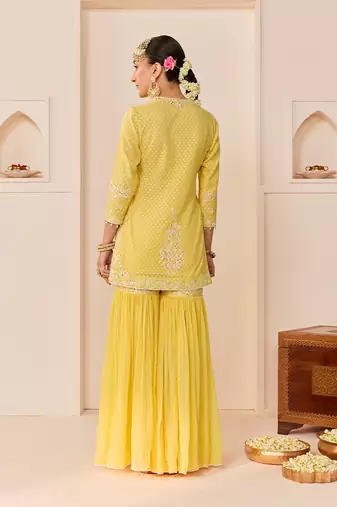 Lemon yellow embroidered chanderi silk short kurti gharara set