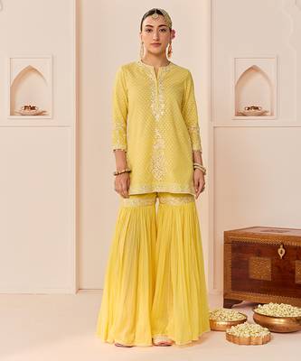Lemon yellow embroidered chanderi silk short kurti gharara set 4