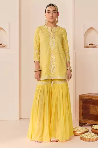 Lemon yellow embroidered chanderi silk short kurti gharara set