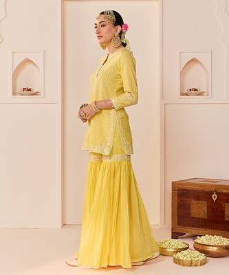 Lemon yellow embroidered chanderi silk short kurti gharara set 5