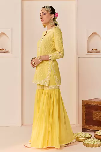 Lemon yellow embroidered chanderi silk short kurti gharara set
