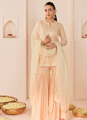 Carnation pink embroidered chanderi silk short kurti gharara set 1