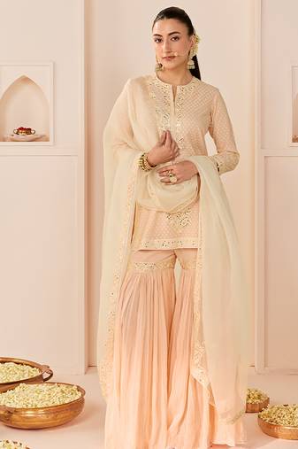 Carnation pink embroidered chanderi silk short kurti gharara set